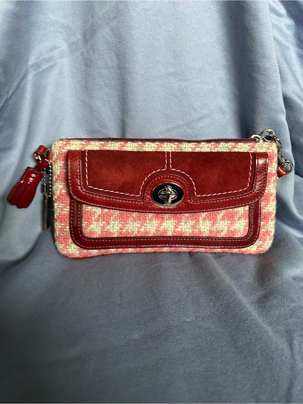 Vintage Coach Grey & Pink Wool & Burgundy Suede Wristlet